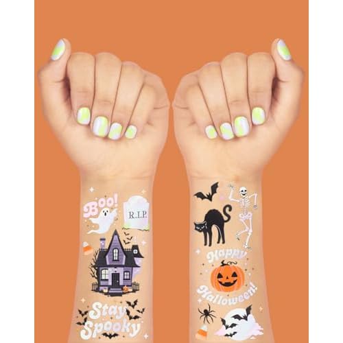 xo, Fetti Halloween Temporary Tattoos - 50 Iridescent Styles | Spooky Decorations, Kids Party Accessory, Haunted House Theme Favor, Trick or Treating Gift