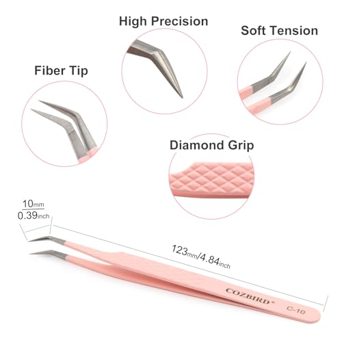 Fiber Tips 45 Degree Versatile Tweezers for Eyelash Extensions Volume Lashes or Isolation Diamond Grip High Precision Stainless Steel Pink (C-10)