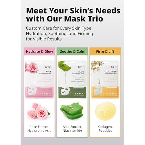 SNP Supercharged Sheet Mask Set | Variety Sheet of 4-Collagen, 4-Aloe, 4-Rose Face Mask Sheet | Facial Mask for Hydrating and Moisturizing | Korean Skincare Gift Set | 12 Sheets