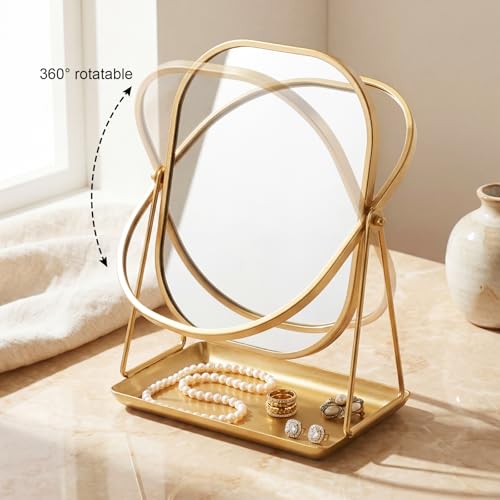 Nuanchu Gold Makeup Mirror with Jewelry Tray - 360° Rotating Vanity