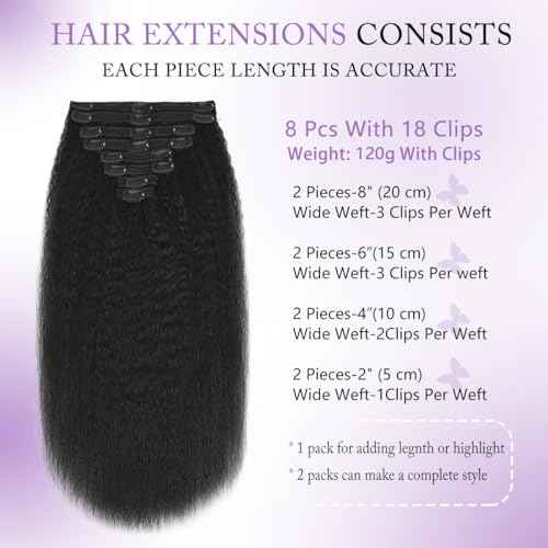 Kinky Straight Clip in Hair Extensions Real Human Hair 26Inch 8Pcs 120g Double Weft Kinky Curly Clip Ins Full Head 100% Unprocessed Brazilian Virgin Hair Extensions for Women Natural Black