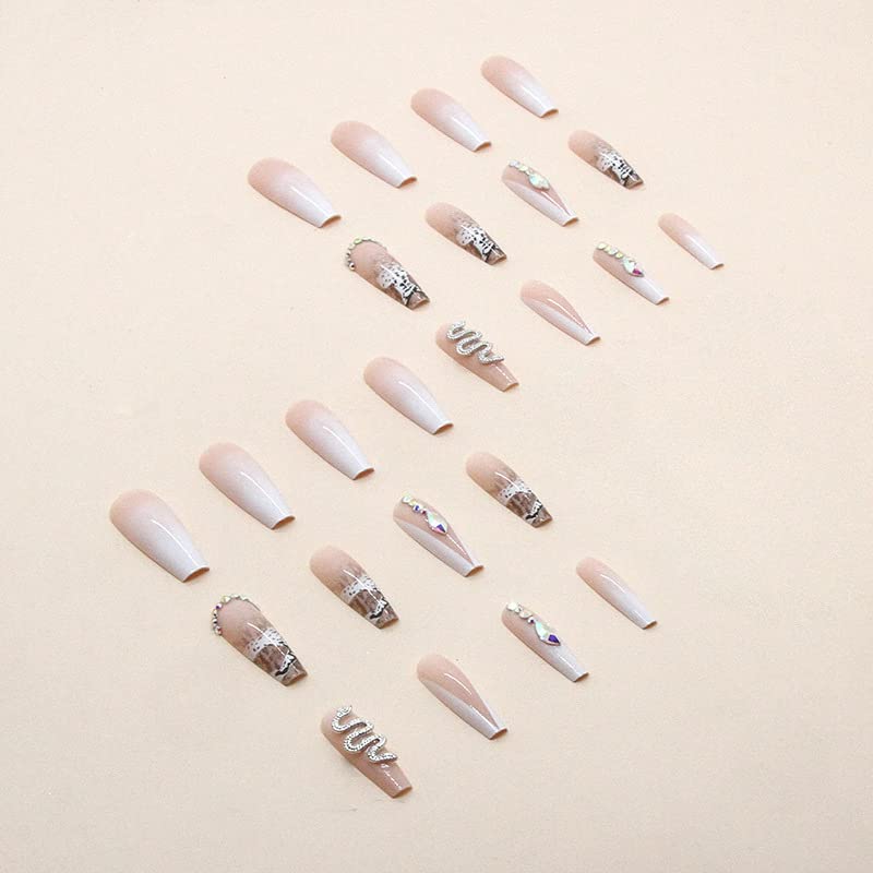 DOUBNINE 24PCS Press On False Coffin Extra Long Snake Sequins Rhinestones French Tip Glitter Glossy Nails Fake Nails with Glue Stick on Nails Acrylic Full Cover Chic False Nails for Women