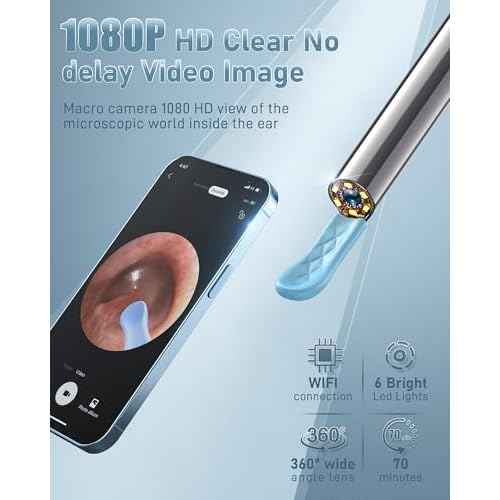 Ear Wax Removal Tool Camera - Ear Wax Removal Kit - Ear Cleaner with Camera - 1080P HD Ear Camera with 6 Ear Spoon - Ear Cleaner for iOS & Android