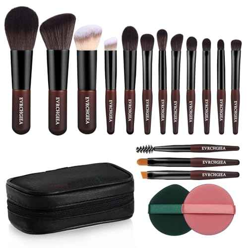 Travel Makeup Brush Set, 15 pcs Mini Makeup Brushes and 2 Puff for Foundation, Powder, Eyeshadow, Highlight, Contour, Blush & Concealer, Small Makeup Brush Set Purse Size with Case (black and brown)