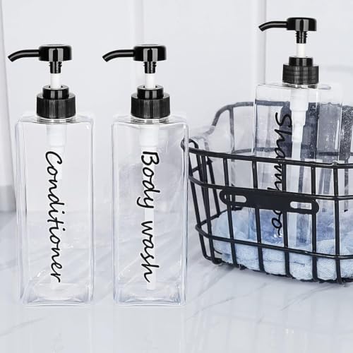 Black Refillable Shampoo & Conditioner Dispenser Set - Modern 21oz Bottles for Shower, 3 Pack