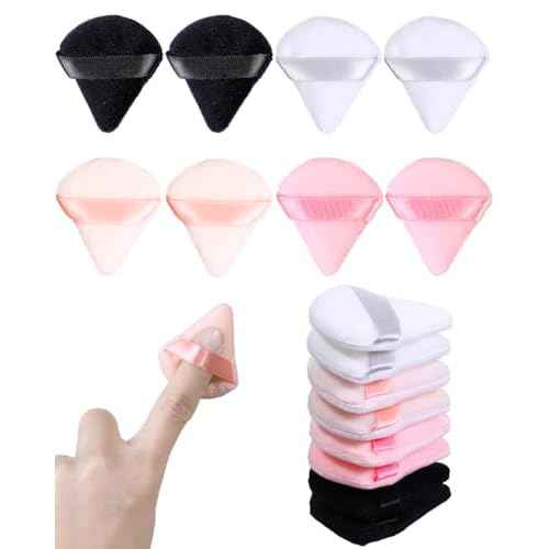 8 PCS Mini Powder Puff, Finger Setting Powder Puffs for Face, Small Velour Triangle Makeup Sponge (Black+White+Nude+Pink)