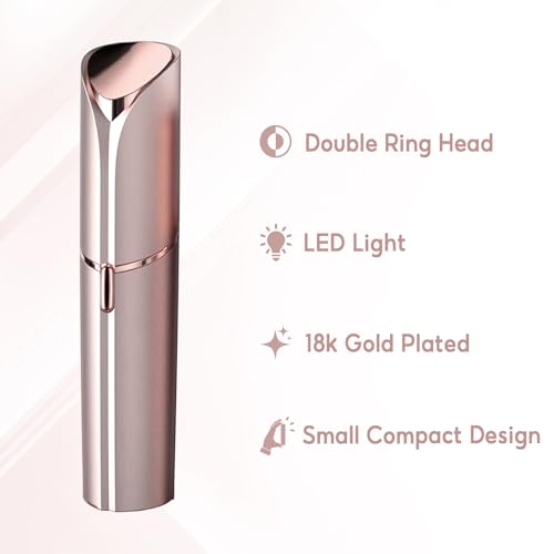 Painless Facial Hair Remover for Women - Rechargeable, Rose Gold, Portable with 2 Replacement Heads