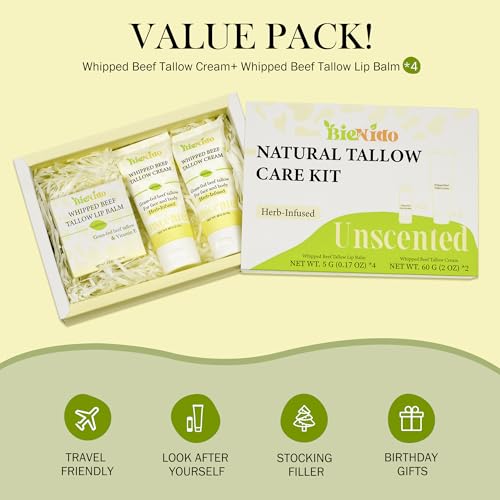 Beef Tallow for Skin: Organic Grass Fed Tallow Cream & Lip Balm Set ? Natural Dry Skin Moisturizer for Face, Body, Hands & Lips