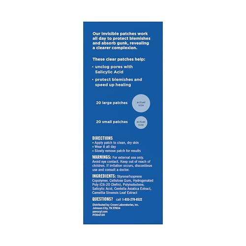 PanOxyl Daytime Invisible Patches, Dermatologist-Recommended Brand, Help Manage Blemishes, Unclog Pores and Exfoliate with Salicylic Acid, 20 Large and 20 Small Patches, Latex-Free, 40ct