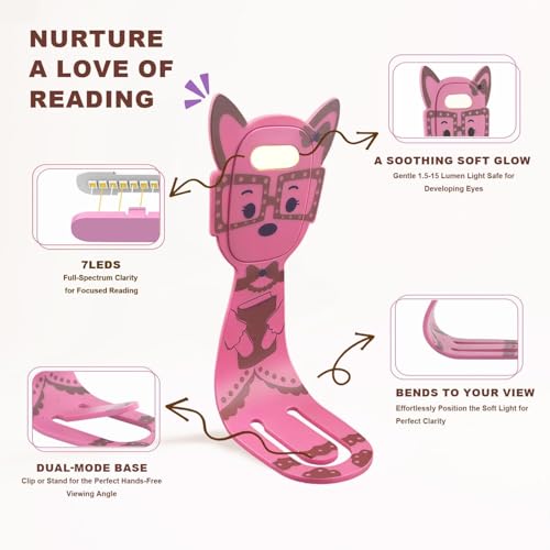 Pink Rechargeable Kids Book Light with Clip & Dimmable LED for Bedtime Reading - Portable & Eye-Caring
