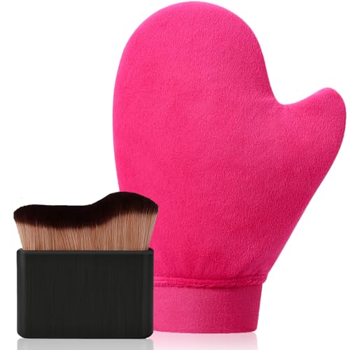 2 in 1 Professional Self Tanning Mitt Kit - Luxury Self Tanner Mitt, Self Tan Mitt And Brush Tanning Glove Kabuki Body Brush For Streak-Free Lotion, Sunless Spray Tan On Face And Body Rose Pink