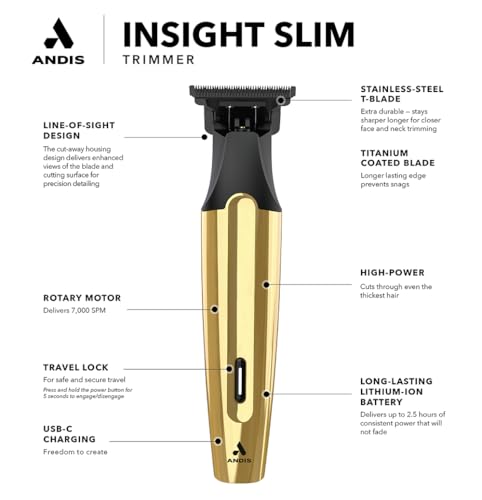 Andis Insight Slim Cordless Hair Trimmer Kit, 9-Piece, Gold