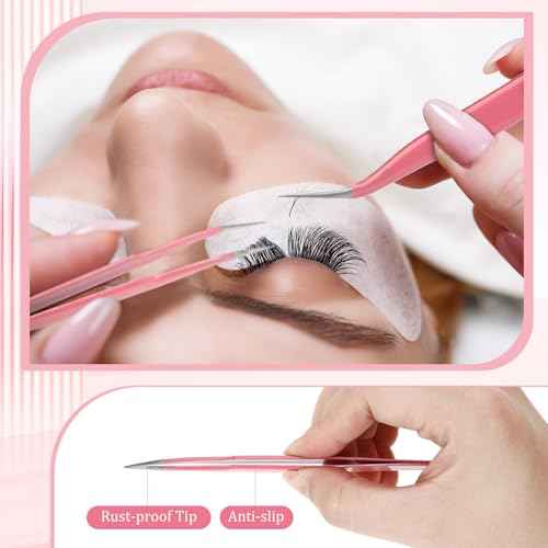 Honoson 9 Pieces Curved Pointed Craft Tweezers Stainless Steel Precision Tweezer with Protective Cover for Rhinestones Dried Flowers Craft Stickers Eyelash Extension Jewelry Making(Pink)