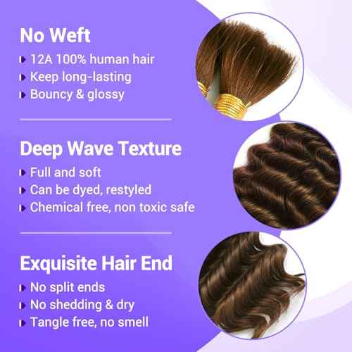 Human Braiding Hair for Boho Braids 110g 22 Inch Deep Wave Boho Bulk Human Hair for Braiding Knotless 12A Wet and Wavy Bohemian 3 No Weft Bundles/Pack Curly Braids Brown