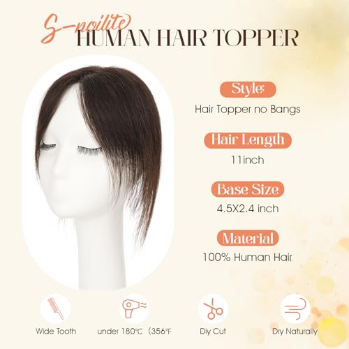 S-noilite Human Hair Topper 11" Breathable Base Natural Black