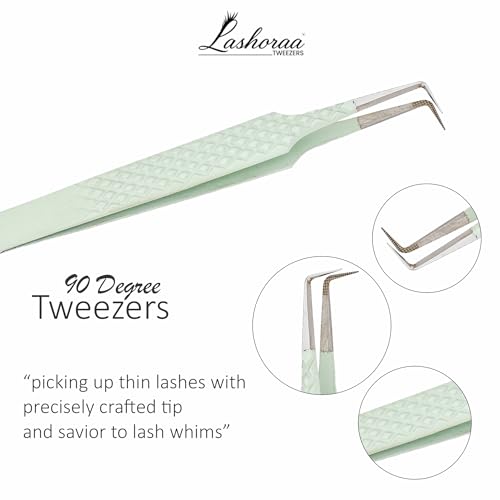 LASHORAA Lash Tweezers Set for Eyelash Extensions - 3 Piece Precision Fiber Tip Diamond Grip, Volume, L-Shape Boot, 90 Degree Tweezers - Includes Leather Case for Classic Lashes & Premade Fans
