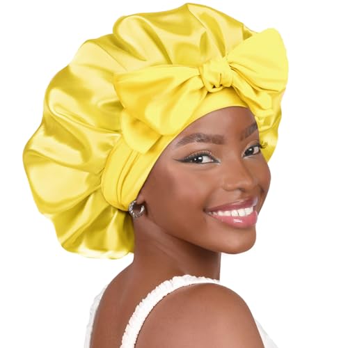 YANIBEST Yellow Adjustable Silk Bonnet for Sleeping Women - Double Layer Satin Frizz Control