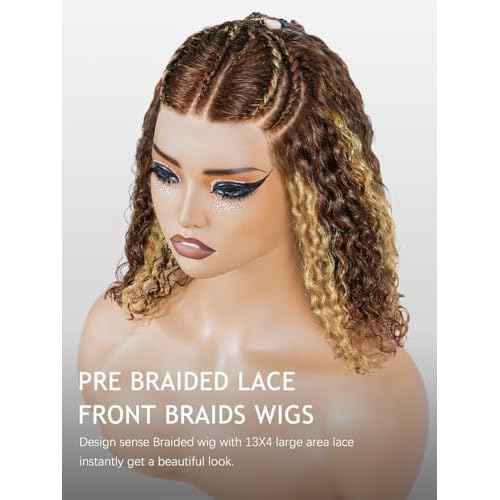 Ready to Go 13x4 Lace Front Wigs Human Hair Highlight 4/27 Braiding Curly Bob Wigs For Black Women Pre Plucked Pre Bleach Natural Hairline Water Wave Lace Front Wigs 200% Density 12 Inch