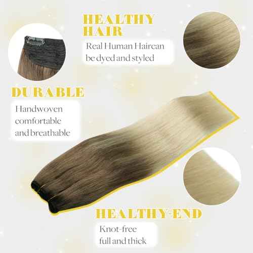 Wire Hair Extensions Fish Line Hair Extensions Ash Brown to Platinum Blonde Extensions, Invisible Hair Extensions Real Human Hair 14inch 70g Adjustable Size Hair Extensions(#8T/60-14inch)