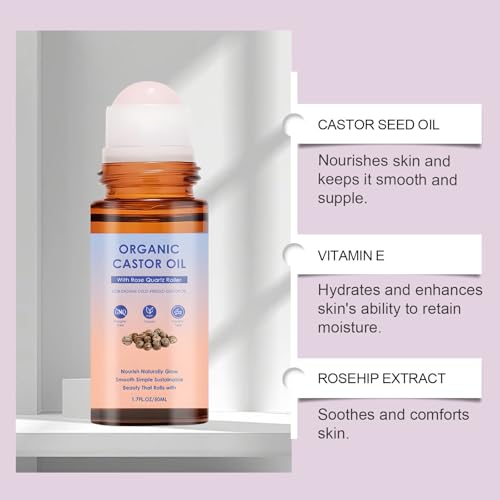 Omexry 2PC Organic Cold-Pressed Castor Oil Rose Quartz Roller for Skin Hair & Body