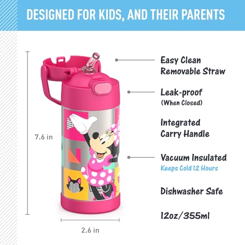 THERMOS FUNTAINER Water Bottle with Straw - 12 Ounce, Preschool Minnie - Kids Stainless Steel Vacuum Insulated Water Bottle with Lid