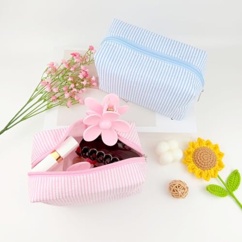 6-Pack Cute Seersucker Makeup Bags - Portable Travel Organizer