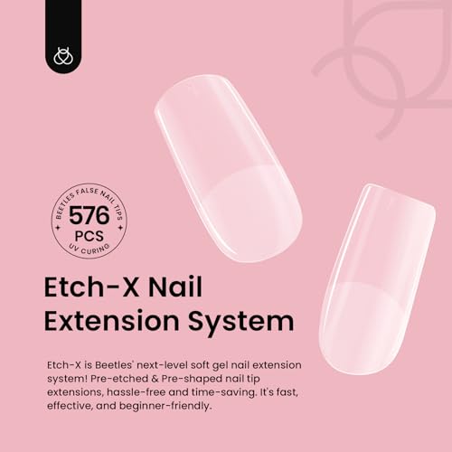 Beetles Gel Nail Tips A-Square Short 576pcs Pre-Shaped Etch-X, Clear, 12 Sizes