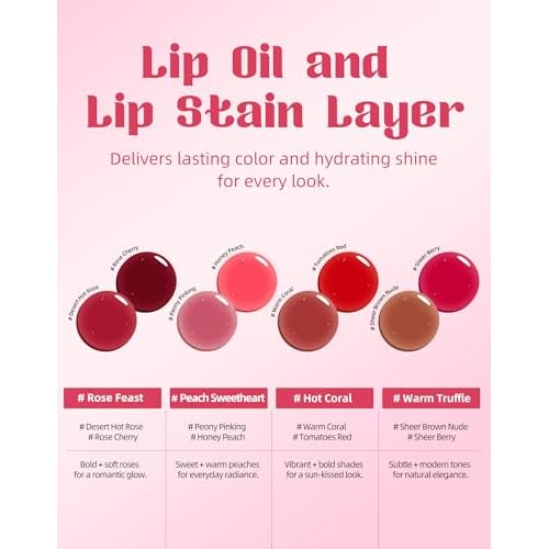 bayfree Tinted Lip Oil & Lip Stain Set, Waterproof & Long-Wearing Korean Makeup, High-Shine & Moisturizing 2-in-1 Cheek and Lip Tint Stain, Lightweight & Non-Sticky for Dry Lips, Cruelty-Free & Vegan