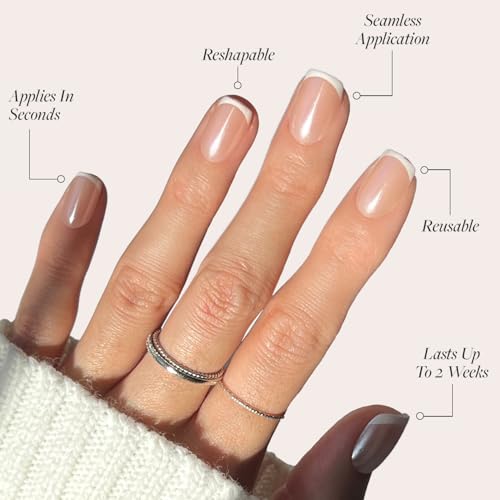 Glamnetic Press On Nails & Brush On Nail Glue Bundle - La Perle | Squoval White Nails with French Tips | 15 Sizes - 30 Nail Kit with Glue | Reusable, Salon-Quality Fake Nails
