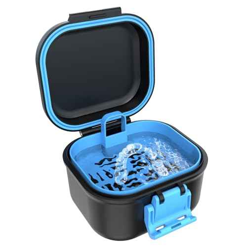 BVN Leak-Proof Denture Case, Denture Cup for Soaking Dentures, Retainer Cleaning Case Black and Bule Dent