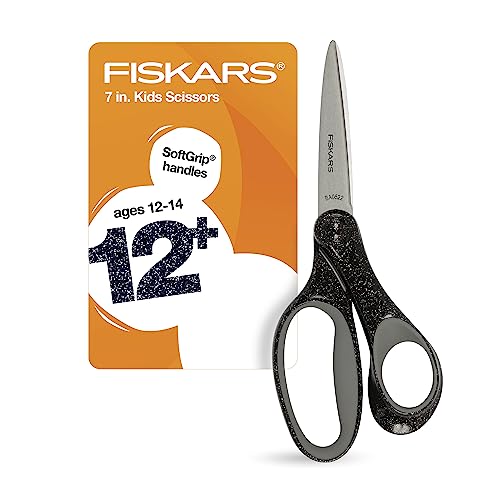 Fiskars 7" SoftGrip Student Glitter Scissors for Kids 12-14, Scissors for School or Crafting, Back to School Supplies, Black Glitter