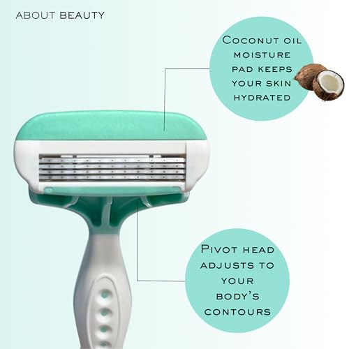 About Beauty Spa Shave 4 Blade Disposable Razors, Includes 4 Disposable Shavers, Adjust to Curves for a Close Shave, Skin-Soothing Coconut Oil Moisture Pad Gently Glides Along Skin