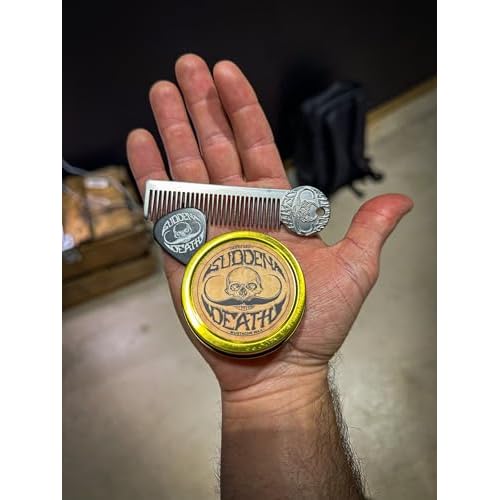 Mustache Wax Strong Hold Sudden Death 1 oz Tin & Platinum Death Grip Mustache Comb Mens Combo Kit - Grooming For Men Handlebar Moustache & Beard Wax Styling