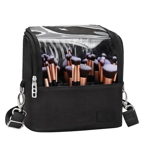 Makeup Brush Bag, Makeup Brush Holder Travel Stand-up Makeup Cup Large Makeup Brush Organizer Case Professional Cosmetic Bag Artist Storage Bag with Adjustable Divider (Large, Black)