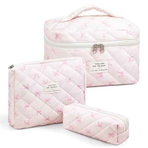 Quilted Makeup Bag, Large Capacity Travel Cosmetic Bag for Women and Girls, Aesthetic Storage for Daily and Travel Use (3PCS-Pink SlimBow)