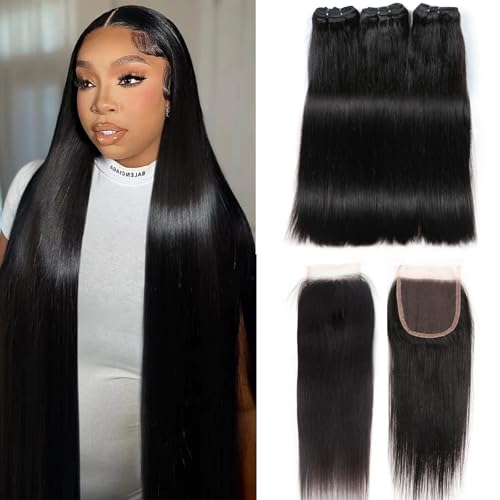 Brazilian Virgin Hair Bundles Straight 12 14 16" + 4x4 Closure