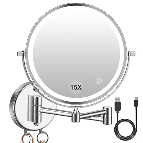 1¡¿/15¡¿ Wall Mounted LED Makeup Mirror Magnifying Makeup Mirror 3500 mAh Rechargeable, Touch Dimmable 3 Color Lights, 8¡± Double Sided 360¡Æ Rotation, Ideal for Hotel and Bathroom