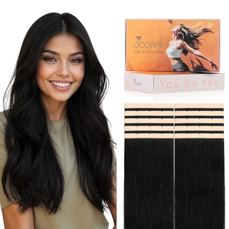 DOORES 14 Inch Tape In Hair Extensions - Jet Black Remy Human Hair, 10pcs