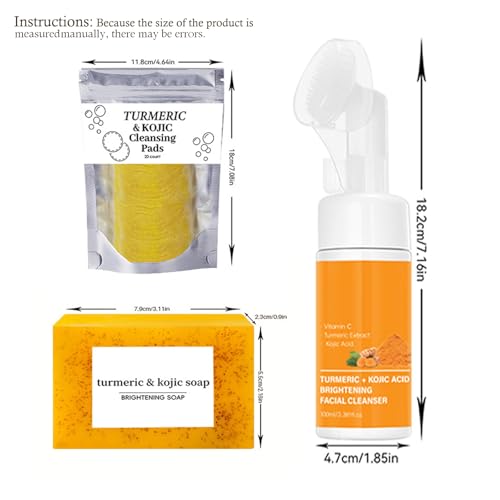3pcs-Turmeric Wash and Care Three Piece Set,Turmeric Facial Cleanser & Turmeric Soap Bar & Turmeric Face Scrub Pads,Face & Body Cleanser,Turmeric Cleansing Skincare Set, Deep Cleansing