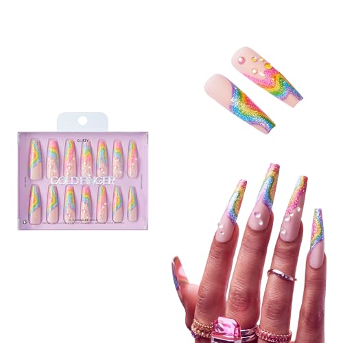 Glitzy 3D Handmade Press On Nail Kit, Rhinestone Gem Glitter French Tip 3X-Long Coffin False Nail, Reusable & Lasts Up To 2 Weeks, Seamless Snug Fit Technology, Includes Glue & 28Pcs Manicure Set