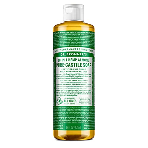 Dr. Bronner's - Pure-Castile Liquid Soap (Almond, 16 ounce) - Made with Organic Oils, 18-in-1 Uses: Face, Body, Hair, Laundry, Pets and Dishes, Concentrated, Vegan, Non-GMO