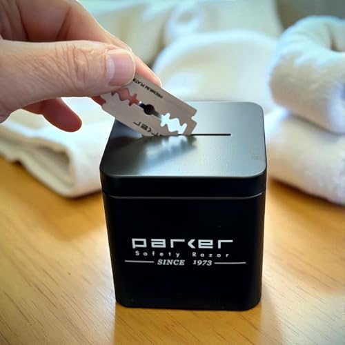 Parker Double Edge Blade Disposal Bank, All-Metal, Reusable Storage Container for Safe Razor Blade Recycling, 2.75 x 2.75 x 2.8 Inches, 300 Blade Capacity