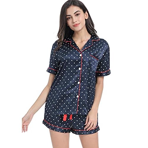 Women's Satin Pajama Set 2-Piece Sleepwear Loungewear Button Down Short Sleeve Silky PJ Set