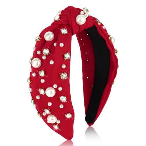 Red Headband for Women Pearl Knotted Headband Sparkly Rhinestone Pearls Top Knotted Headbands Womens Fashion Hair Accessories Cute Hair Bands