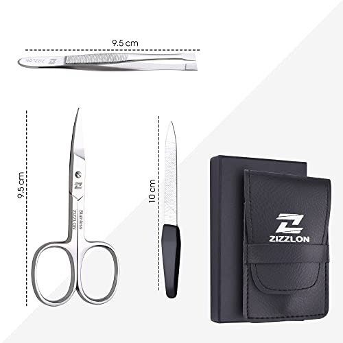 ZIZZLON Manicure Set - Cuticle Scissors, Nail and Eyebrow Scissors, Nail Clippers, Cuticle Pusher, Nail File, Eyebrow Tweezers - Professional Mens Grooming Kit (3 in 1)