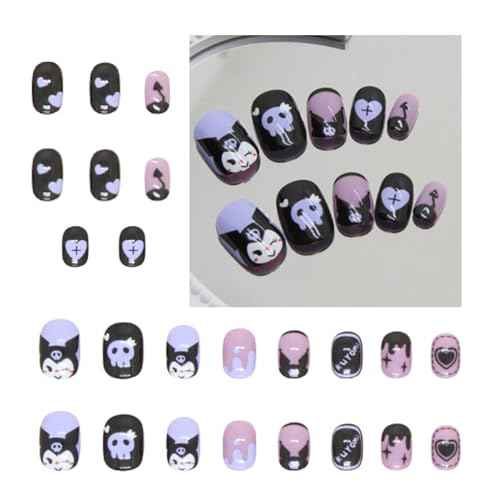 24PCS Black Rabbit Short Press on Nails,Black and Purple Press on Nails Short for Girls and Women,Fake Nails Kit with Jelly Glue