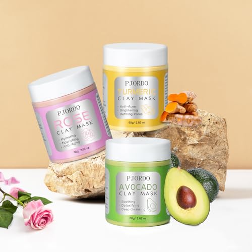 Pjordo Clay Mask Kit, Turmeric Vitamin C Clay Mask, Avocado Clay Mask, Rose Clay Mask, Facial Mask Skin Care Set for Deep Cleansing Reduce Blackheads Dark Spots, Perfect Gifts, 2.82 Oz Each