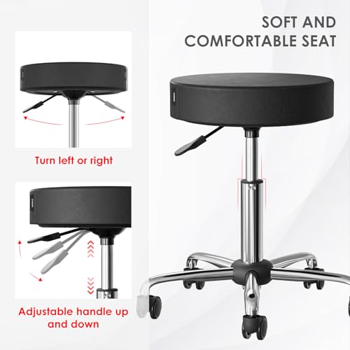 CLORIS Round Rolling Stool Hold up to 400 LBS Height Adjustable Swivel Chair Metal Feet with Wheels for Spa, Massage, Salon, Home, Office, Medical, Tatoo, Bar Black