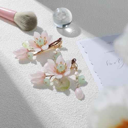 SHIYANG Handmade Pink Lotus Hair Clips, Floral Hair Decoration for Hanfu, Chinese and Korean Fashion