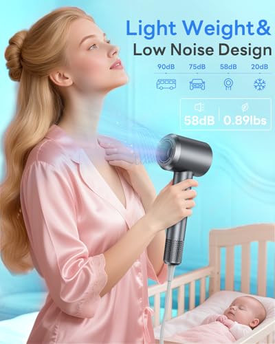 DZDVO Ionic Blow Dryer Gray with Nozzle - Fast 110,000RPM Hair Dryer
